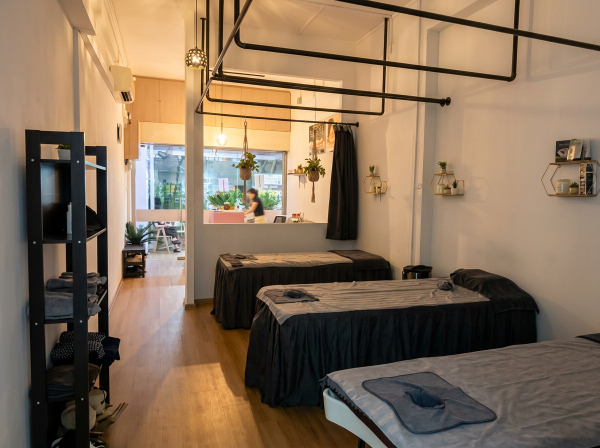 Inside Relax Spa Yishun: massage beds with fresh linen and curtained privacy screens along a warm wood-floor room